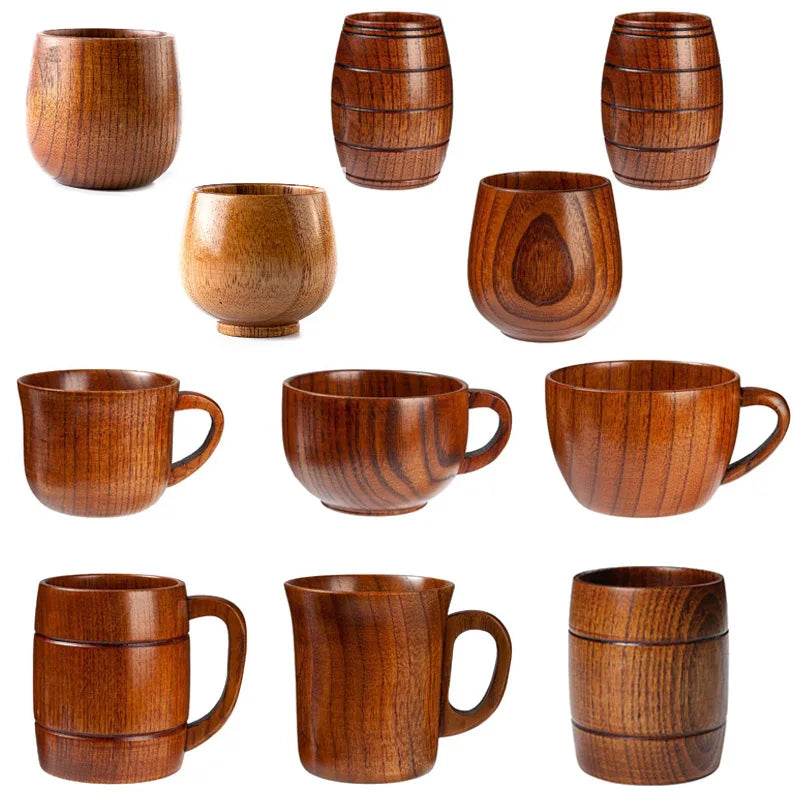 Tasse en bois avec anse, modèle artisanal Nesty, grille de onze tasses et gobelets en bois de formes variées, tonneau, gobelet et chope à anse