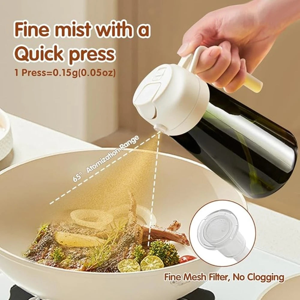 Vaporisateur d'huile en verre teinté, 470 ml Nesty, main pulvérisant de l'huile depuis un flacon blanc à bouchon capteur sur un wok, texte "Fine mist with a Quick press", vignette du filtre anti-obstruction