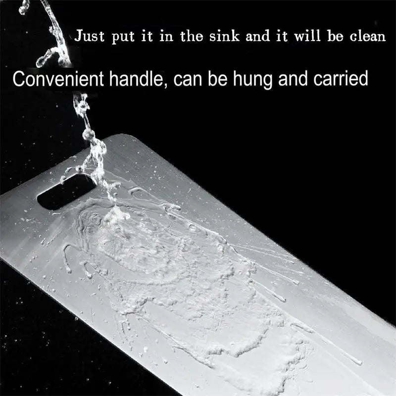 Planche à découper en acier inoxydable, double face épaisse Nesty, planche rincée à l'eau dans un évier, mention poignée pratique pour suspendre et transporter