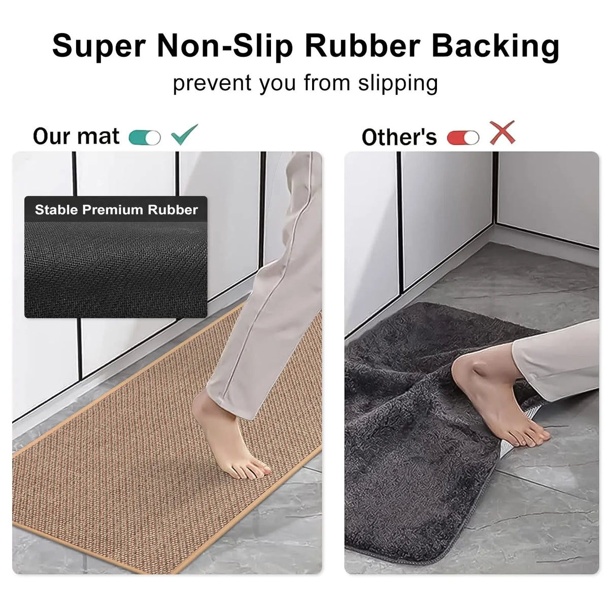 Tapis de cuisine tissé en lin — motif à carreaux - Nesty, comparatif de l'envers antidérapant face à un autre tapis qui glisse