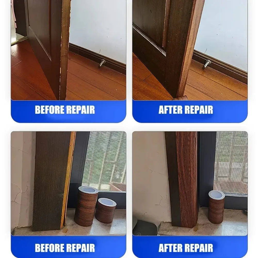 Ruban adhésif effet bois Nesty - Comparatif avant/après sur un cadre de porte