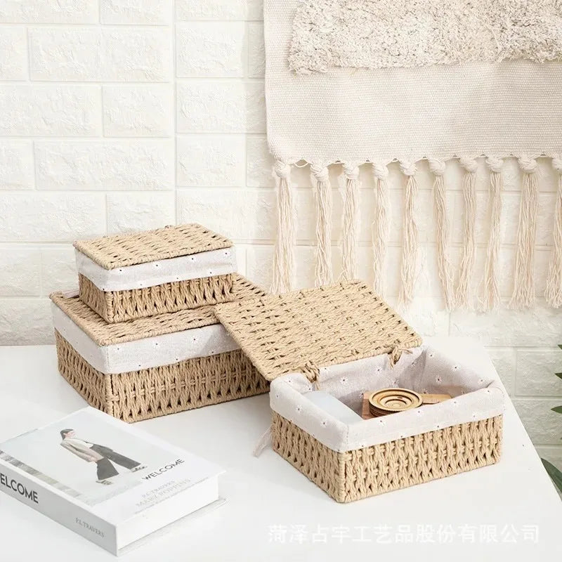 Boîte de rangement tressée en rotin avec couvercle et doublure amovible Nesty, trois boîtes naturelles dont une ouverte montrant la doublure en tissu, sur table blanche
