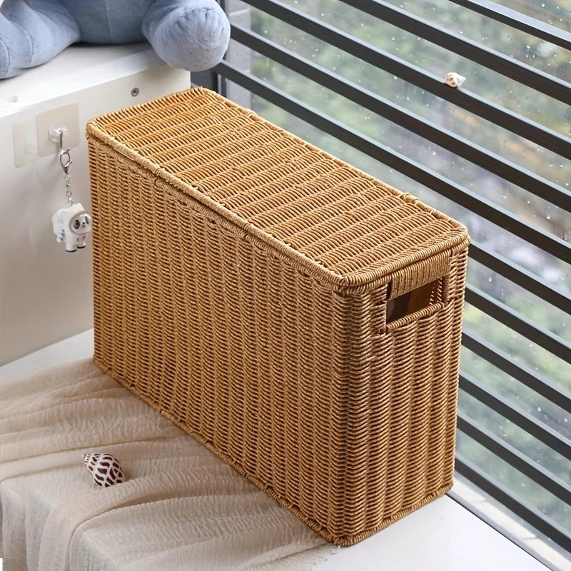 Boîte de rangement haute en rotin tressé Nesty - Format étroit fermé, posé sur meuble blanc près d'une fenêtre