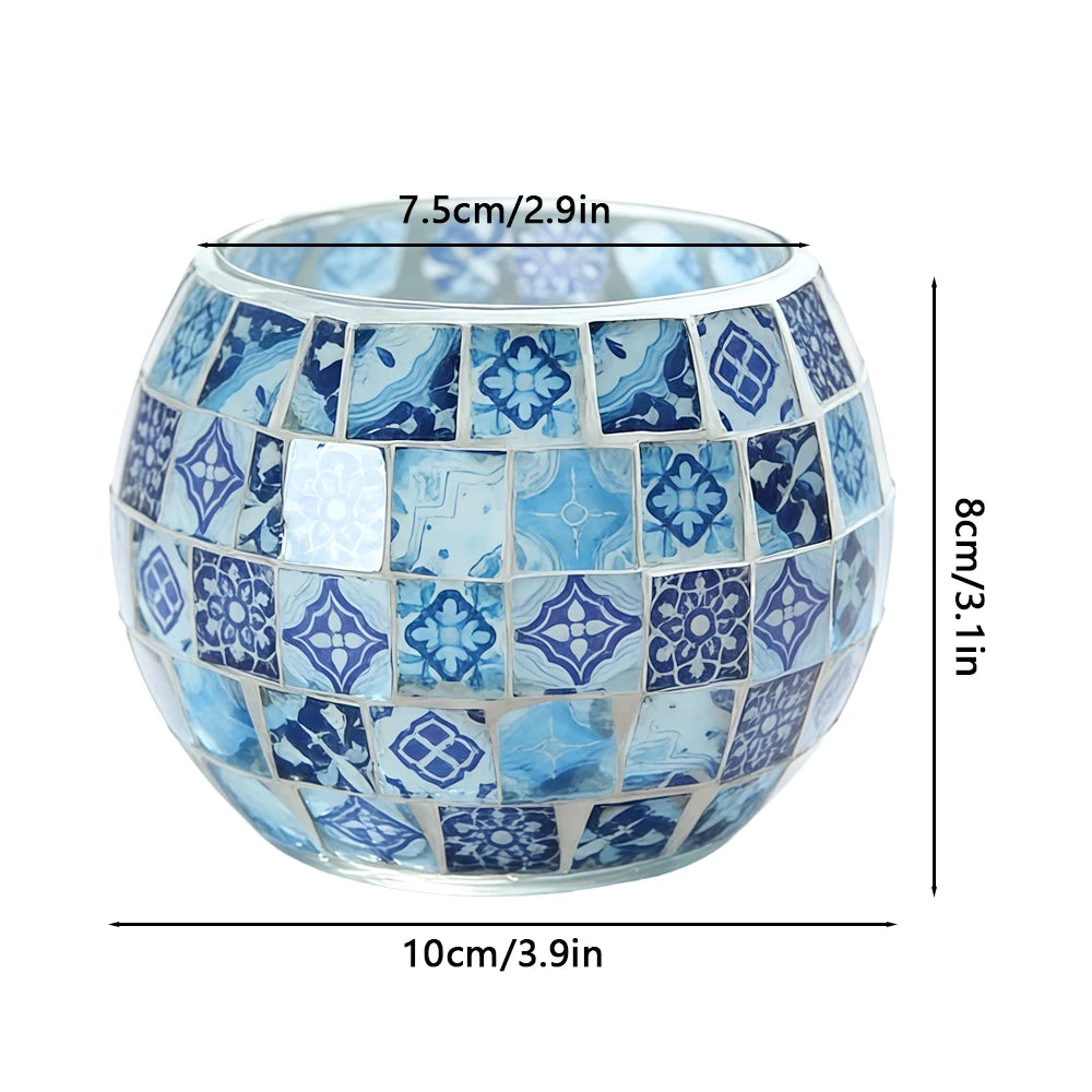Photophore en verre mosaïque, style porcelaine bleu et blanc (vue 5) - Nesty