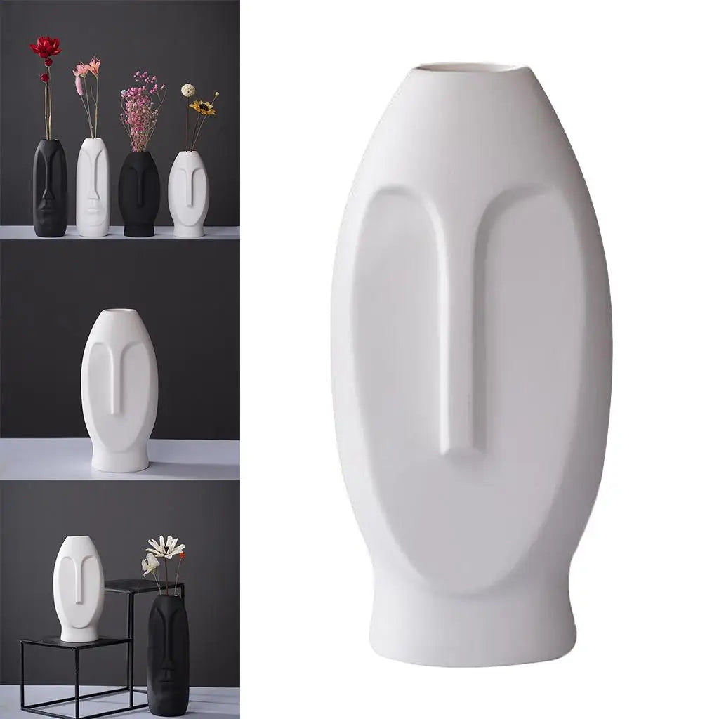 Vase visage en céramique Nesty - Collage de mises en scène : quatre coloris avec fleurs, sur étagères