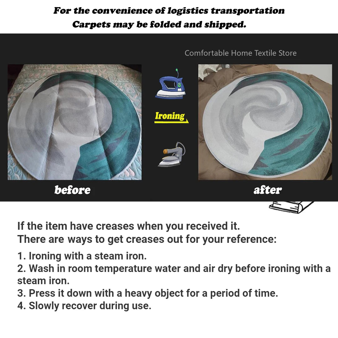 Tapis à motif inspiré persan — grand format - Nesty, comparatif avant/après repassage à la vapeur pour défroisser le tapis plié