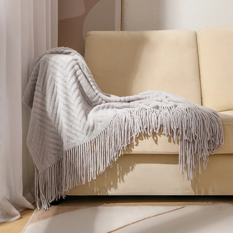 Plaid tricoté torsadé crème à franges, toutes saisons (vue 13) - Nesty