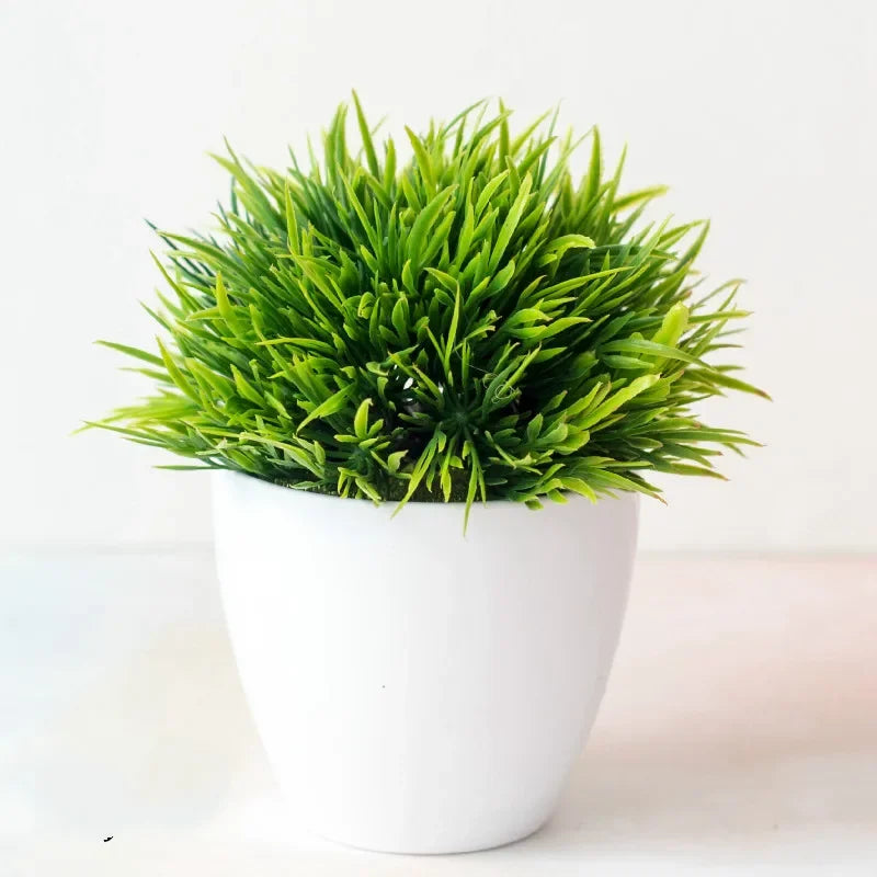 Bonsaï artificiel en pot, petit arbre pour maison et jardin, touffe dense d'herbes artificielles vert vif dans un pot rond blanc (vue 24) - Nesty