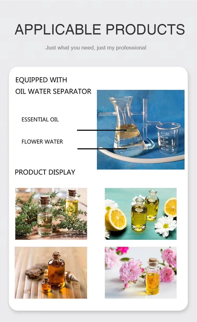 Infographie présentant un séparateur eau/huile essentielle et des flacons d'huiles essentielles (agrumes, rose, plantes) - Nesty