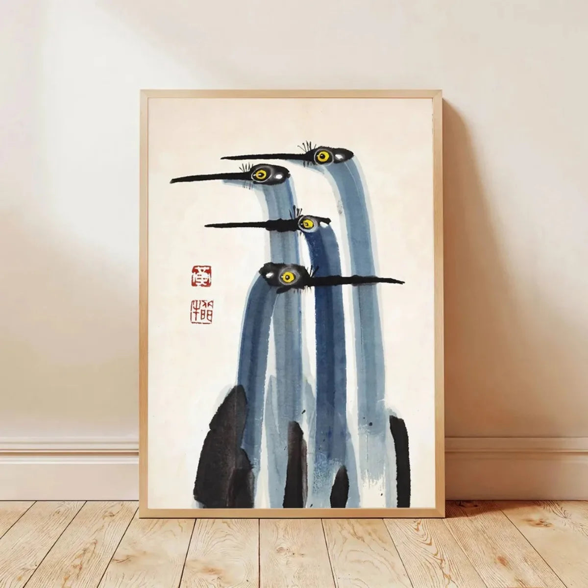 Toile imprimée grue japonaise Nesty - Affiche encadrée représentant quatre grues à l'encre bleue et jaune, style sumi-e
