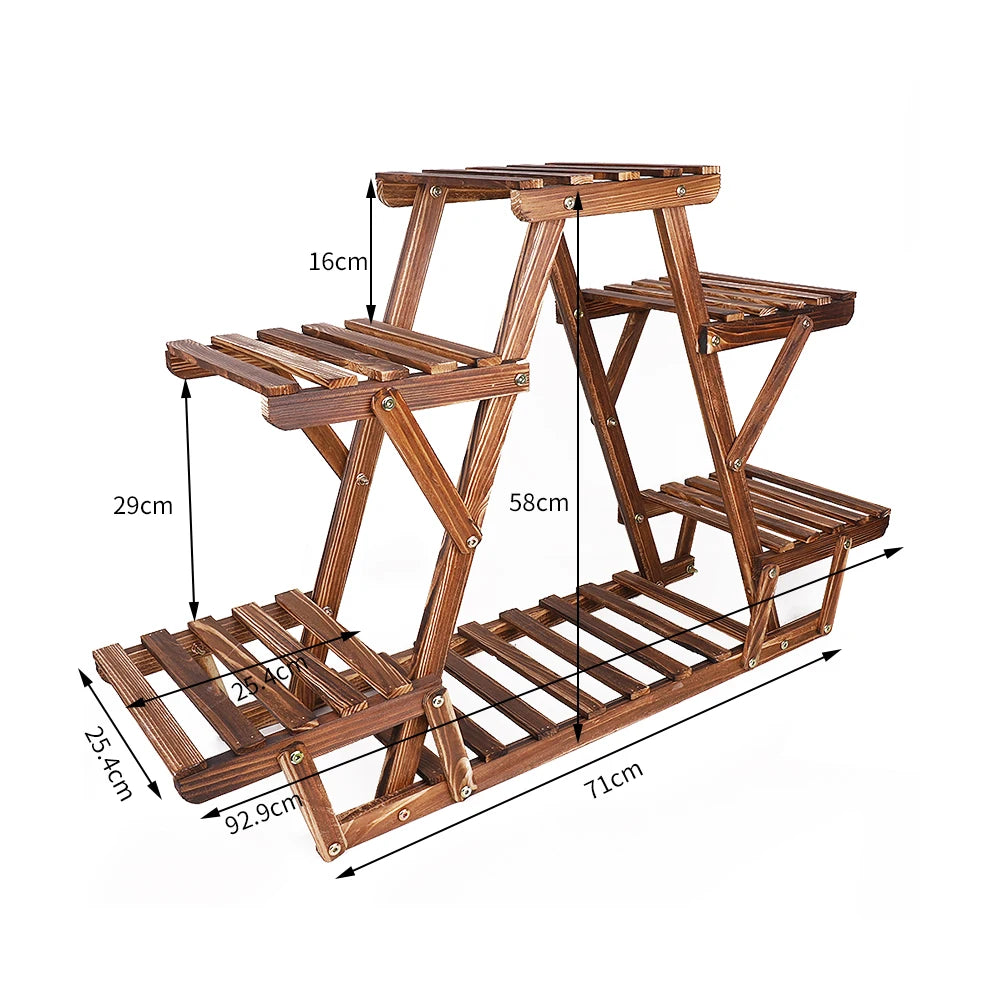 Étagère d'angle à plantes en bois à 6 niveaux Nesty, schéma des dimensions de l'étagère pliante 71x92,9x58 cm
