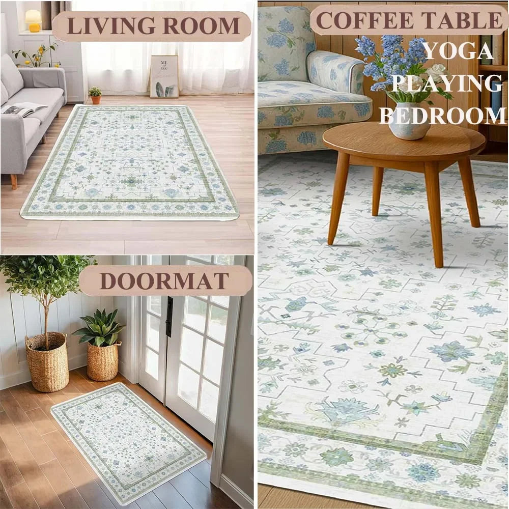 Tapis à motif marguerites pour chambre et salon Nesty - Exemples d'usage en salon, sous une table basse et comme paillasson, motif floral bleu-vert