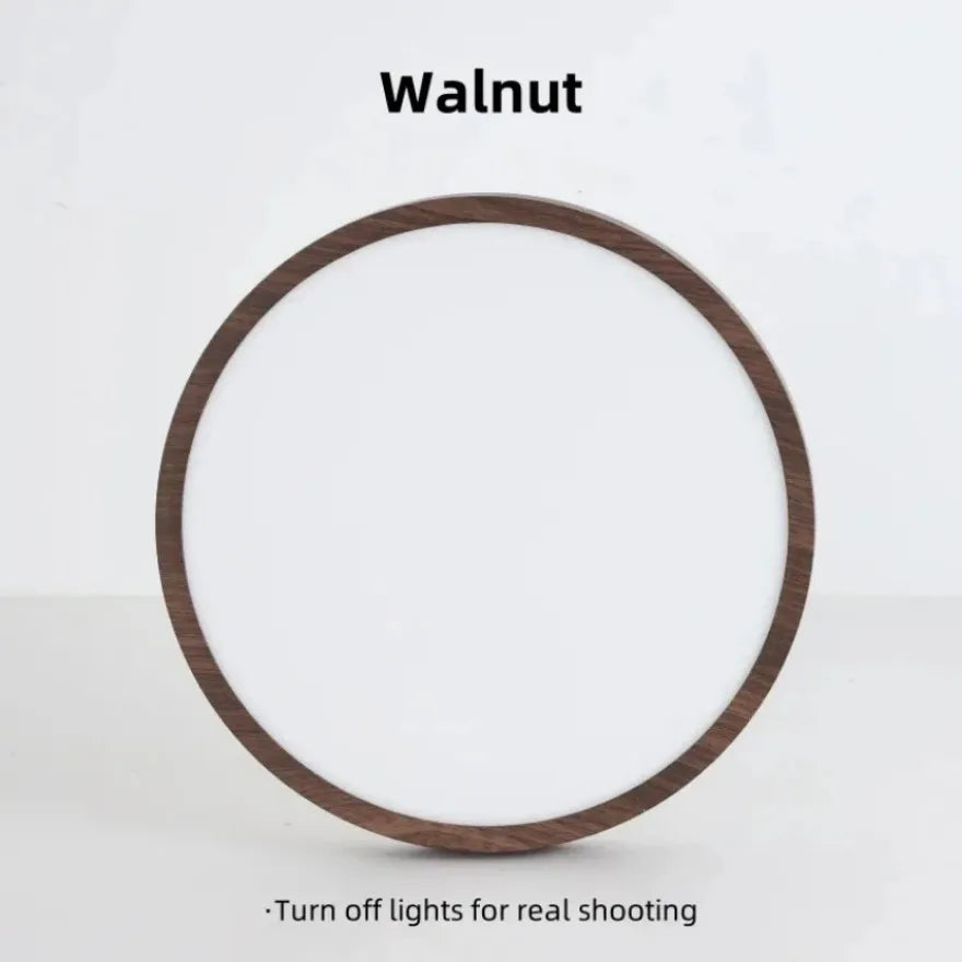 Plafonnier LED rond ultra-plat Nesty - Vue produit isolée sur fond blanc, finition noyer