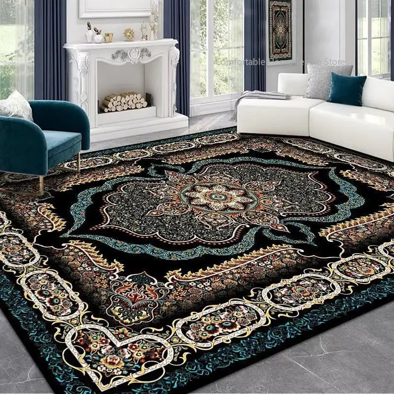 Tapis à motif inspiré persan — grand format - Nesty, motif médaillon persan noir, bleu et doré dans un salon avec cheminée blanche et fauteuil bleu canard