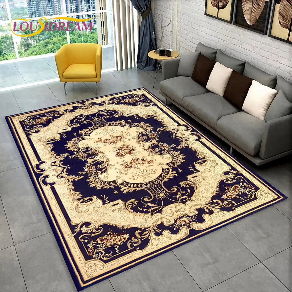 Tapis bohème multicolore pour salon et chambre Nesty - Motif baroque bleu marine et doré à médaillon central