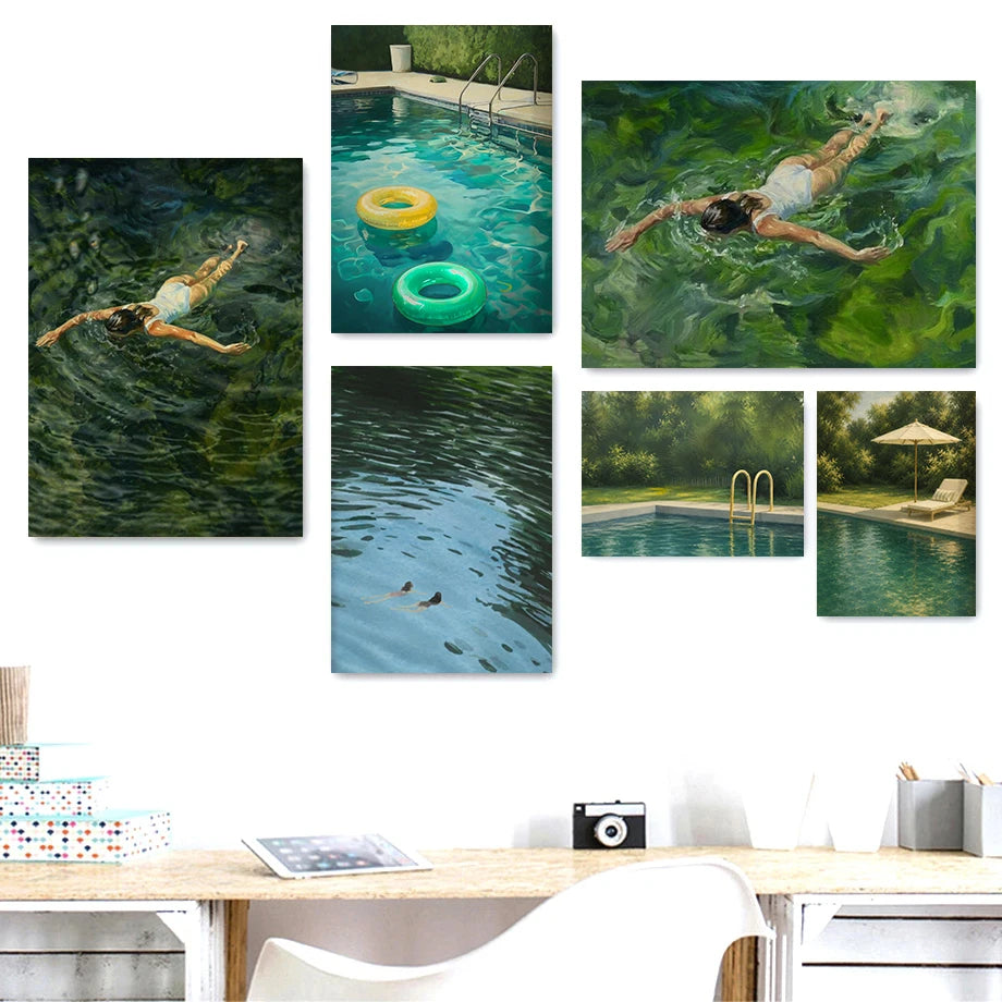 Toile imprimée nageuse et bassin Nesty - Composition murale de six tableaux, nageuses et bouées gonflables dans une piscine