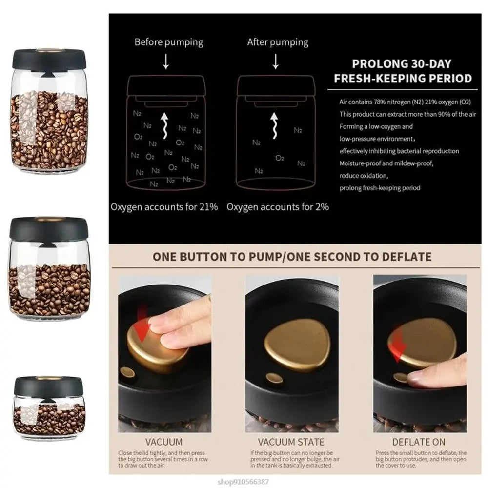 Boîte hermétique en verre pour café en grains Nesty, schéma explicatif du bouton de mise sous vide avant/après pompage, texte "Prolong 30-Day Fresh-Keeping Period", et étapes vacuum/vacuum state/deflate on illustrées par une main