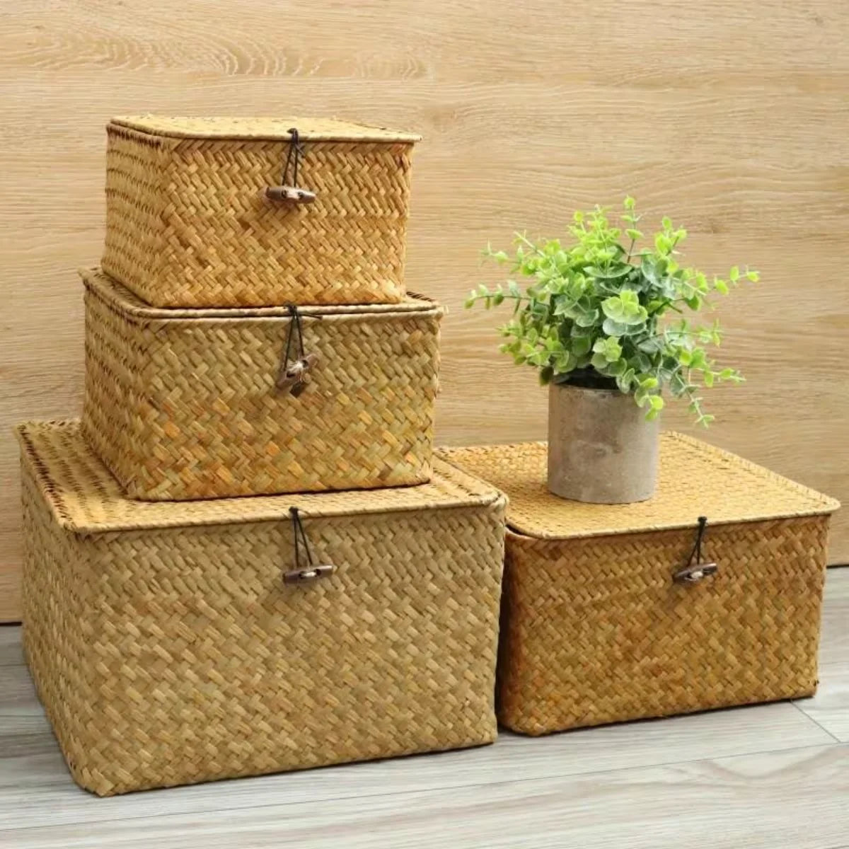 Lot de 4 boîtes de rangement tressées en jonc de mer avec couvercle (vue 5) - Nesty