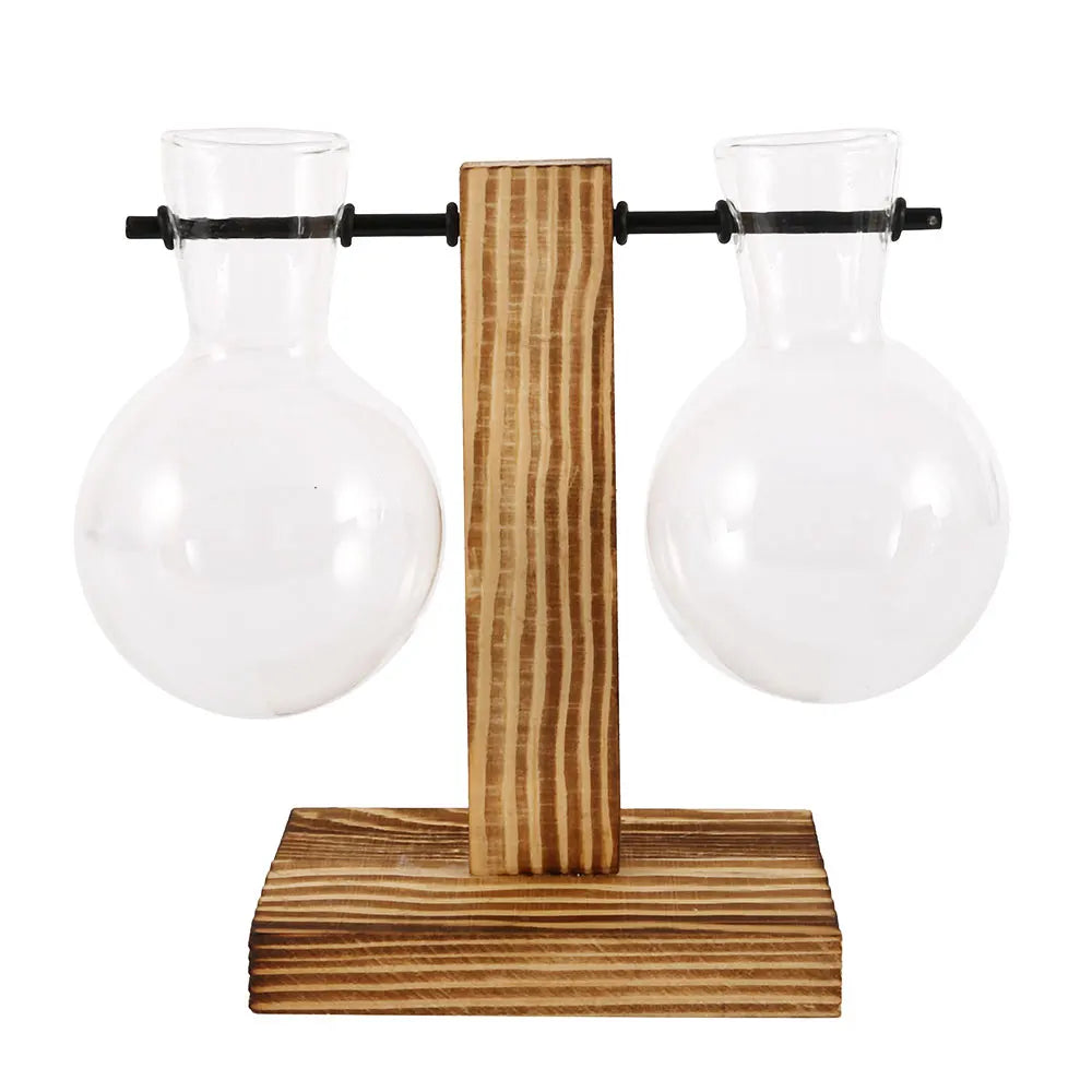 Vase hydroponique en verre sur pied bois Nesty - Planteur vintage (vue 7)
