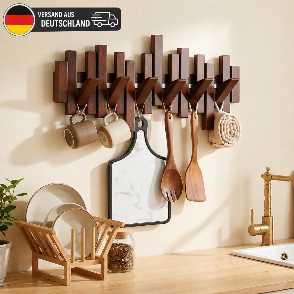 Porte-manteau mural en bois — 6 crochets escamotables - Nesty (vue 1)