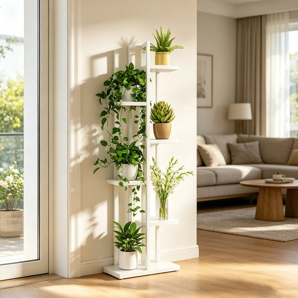 Étagère à plantes en bois à 6 niveaux Nesty, étagère blanche à niveaux échelonnés près d'une baie vitrée, garnie de plantes vertes et fleurs