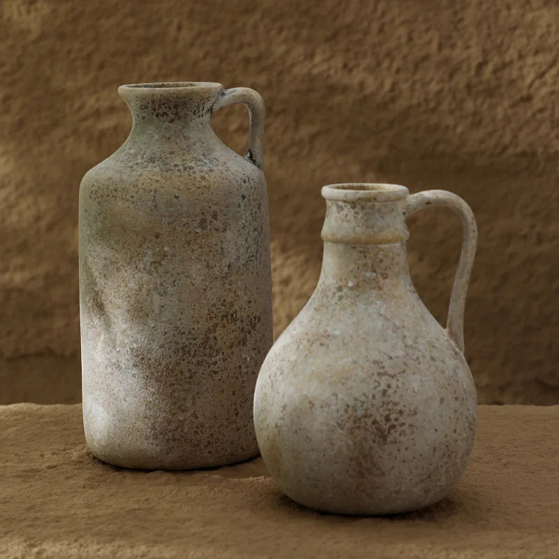Vase en céramique style wabi-sabi pour fleurs séchées Nesty, deux tailles de cruches à anse, effet patiné, l'une haute et étroite, l'autre plus ronde