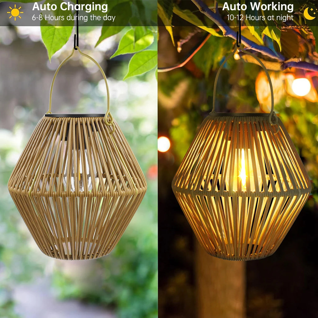 Lanternes solaires bohèmes Nesty - Comparatif jour/nuit, panneau solaire visible et lumière chaude allumée le soir