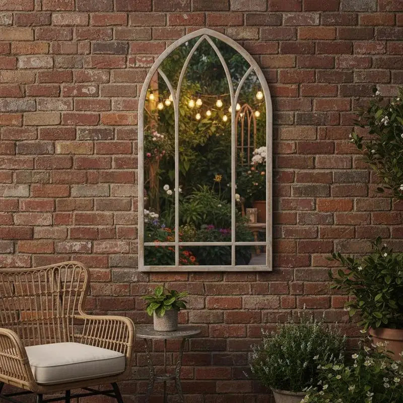 Miroir fenêtre en métal — grand format cintré - Nesty, miroir fenêtre cintré en métal accroché sur un mur de brique, reflet d'un jardin illuminé de guirlandes lumineuses