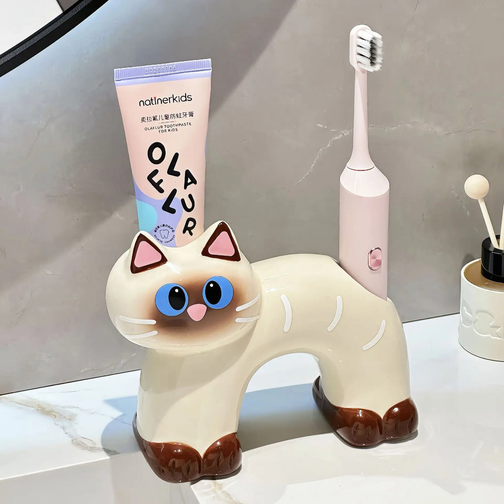 Ceramic Coal Ball Siamese Cat Toothbrush Holder Bathroom Toothpaste Storage Rack - Nesty (vue 3)