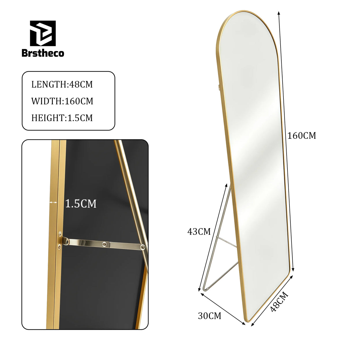 Miroir grand format Nesty - Cintré ou rond, cadre aluminium, même schéma de dimensions pour la variante cadre doré