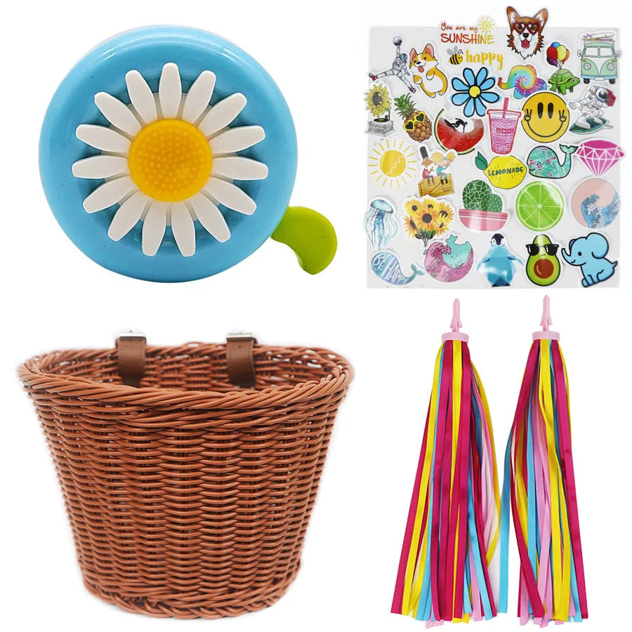 Panier de rangement tressé effet rotin Nesty - Accessoires assortis, grelot marguerite, autocollants et rubans de guidon colorés