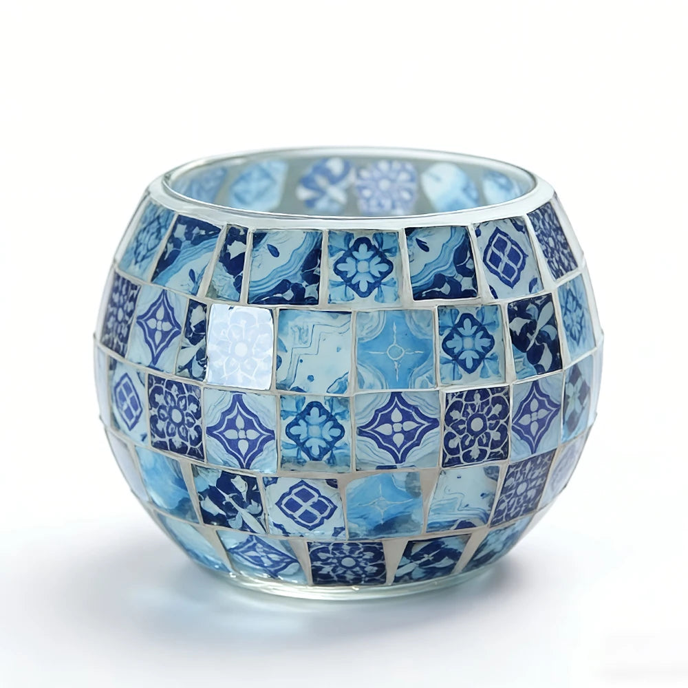 Photophore en verre mosaïque, style porcelaine bleu et blanc (vue 7) - Nesty