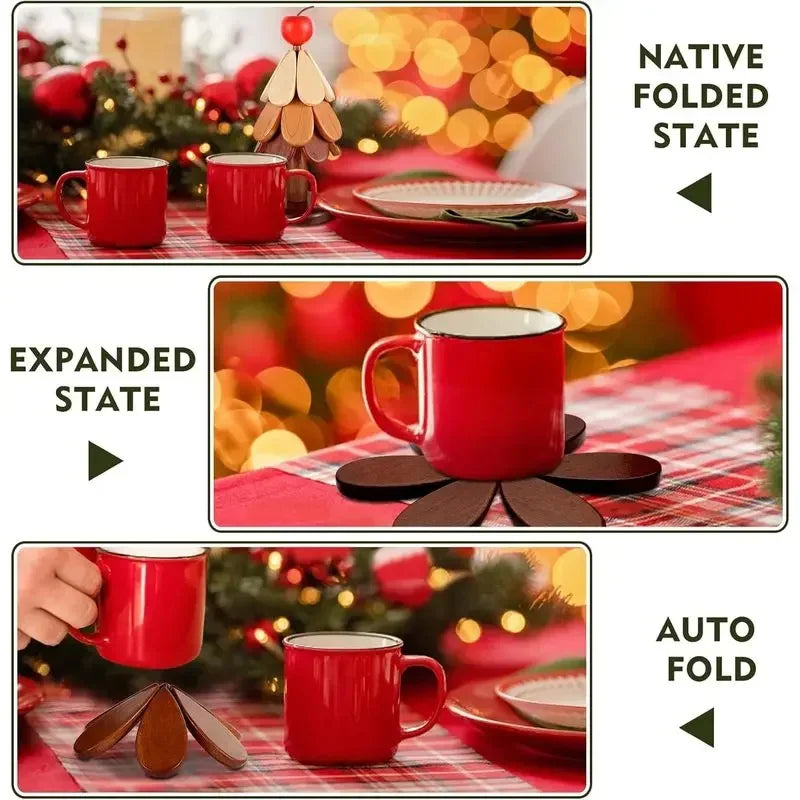 Dessous de plat en bois pliable, comparatif replié/déplié sous une tasse rouge, décor de table de Noël - Nesty
