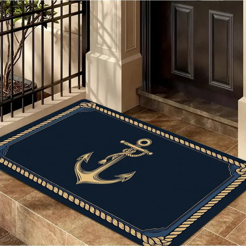 Paillasson flanelle motif ancre marine, bordure corde dorée, antidérapant - Nesty (vue 4)