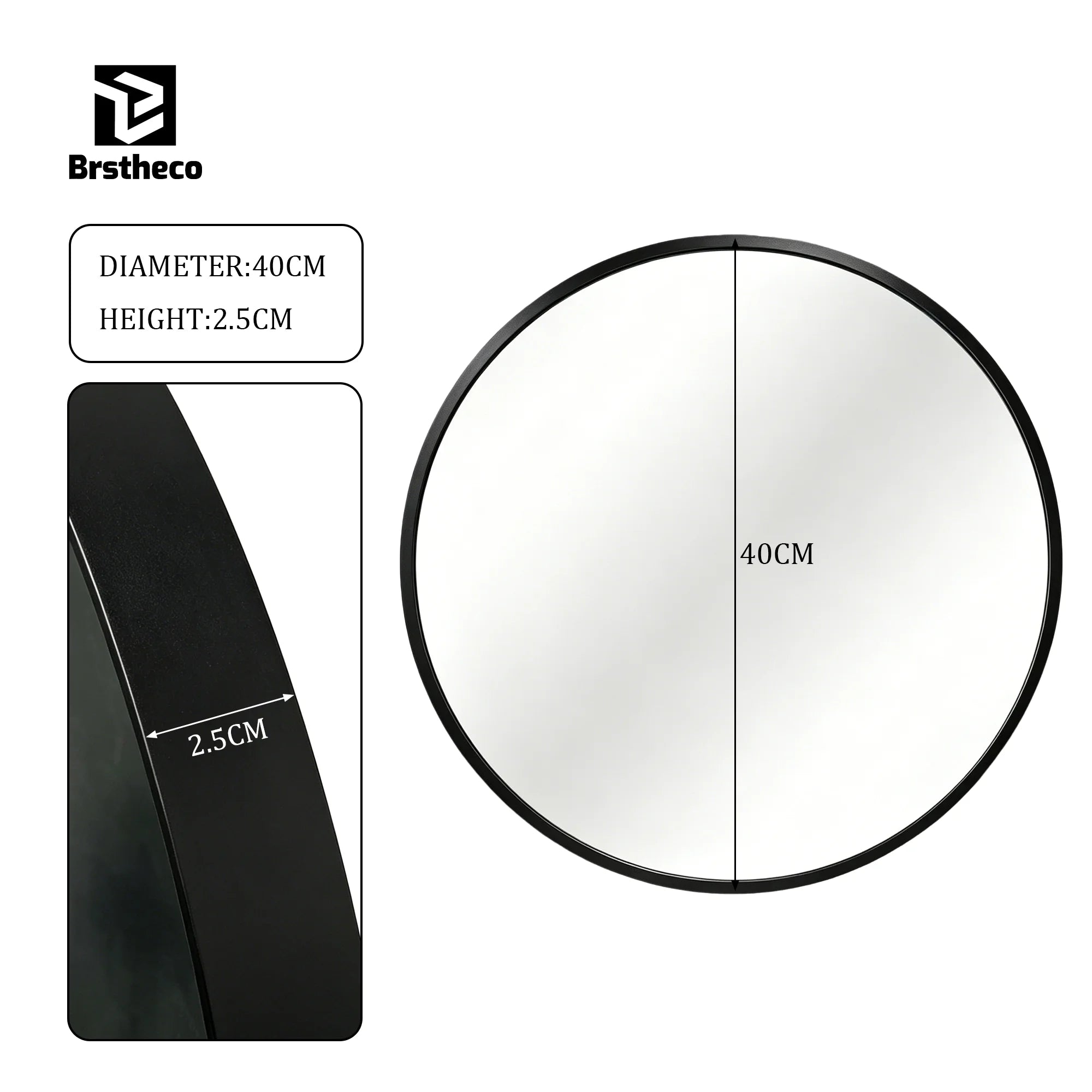 Miroir grand format Nesty - Cintré ou rond, cadre aluminium, schéma des dimensions du modèle rond, diamètre 40 cm, épaisseur 2,5 cm, cadre noir