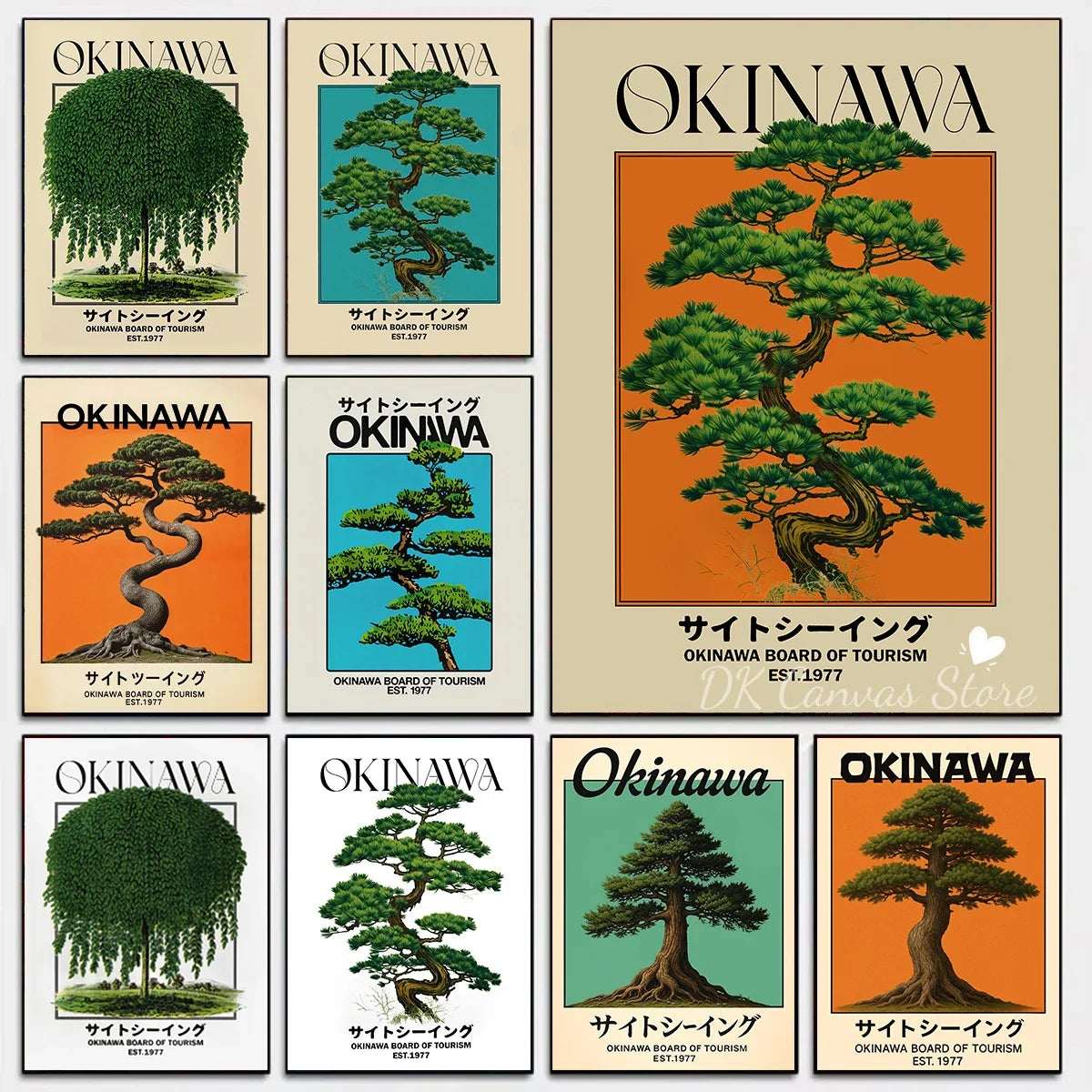 Toile imprimée arbres emblématiques d'Okinawa Nesty - Planche de dix affiches de pins bonsaï sur fonds colorés variés