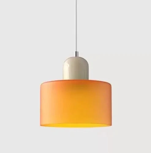 Suspension luminaire pour chevet et salle à manger, abat-jour cylindrique orange translucide et culot beige, lumière allumée (vue 24) - Nesty