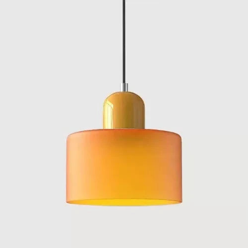 Suspension luminaire pour chevet et salle à manger, abat-jour cylindrique orange translucide et culot jaune (vue 29) - Nesty