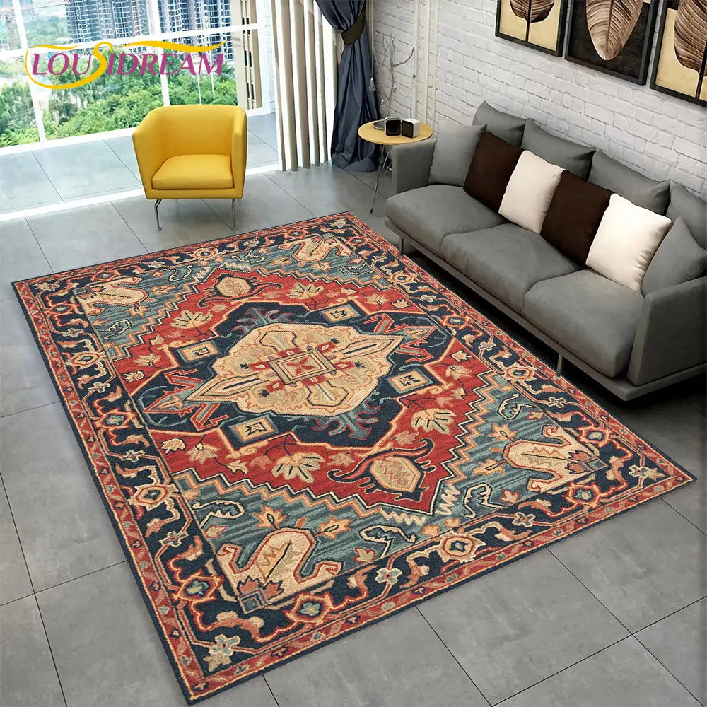 Tapis bohème multicolore pour salon et chambre Nesty - Motif médaillon persan rouge et bleu marine à bordure zigzag