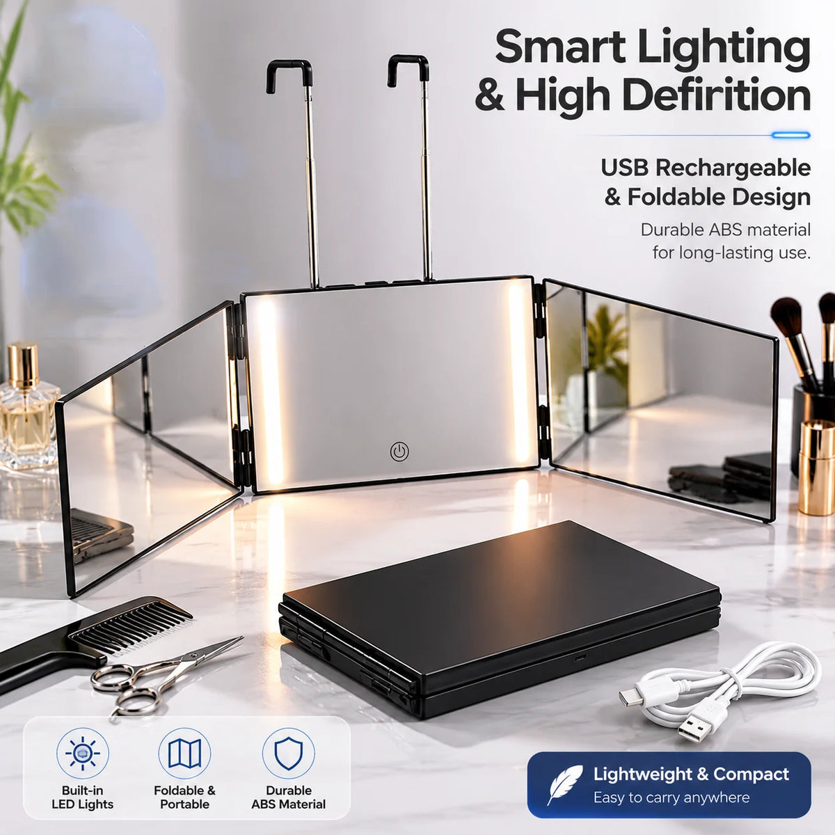 Miroir de maquillage pliable LED Nesty - Ouvert avec crochets de porte, rechargeable USB, sur table de coiffeuse