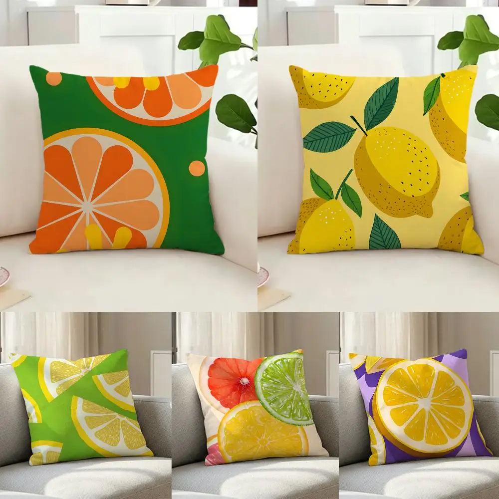 Housse de coussin en lin imitation, jaune citron, style léger Nesty, planche de six housses de coussin à motifs d'agrumes stylisés (orange sur fond vert, citrons sur fond jaune, citron vert, pamplemousse, citron violet)