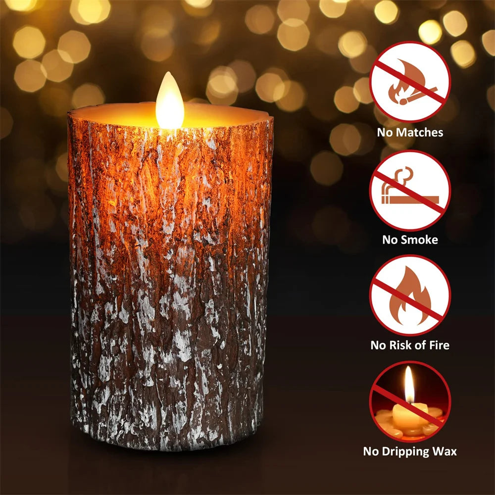 Bougie LED en cire véritable, sans flamme, télécommande incluse Nesty, bougie LED en cire véritable effet écorce, flamme électronique, mêmes pictogrammes de sécurité, fond bokeh doré