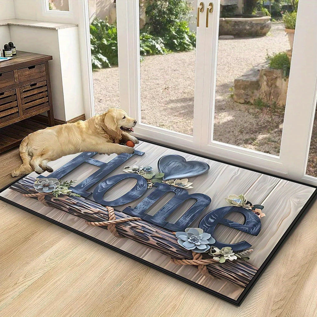 Paillasson imprimé 'Home' effet lettres bois et corde, avec cœur floral, chien golden retriever allongé dessus - Nesty