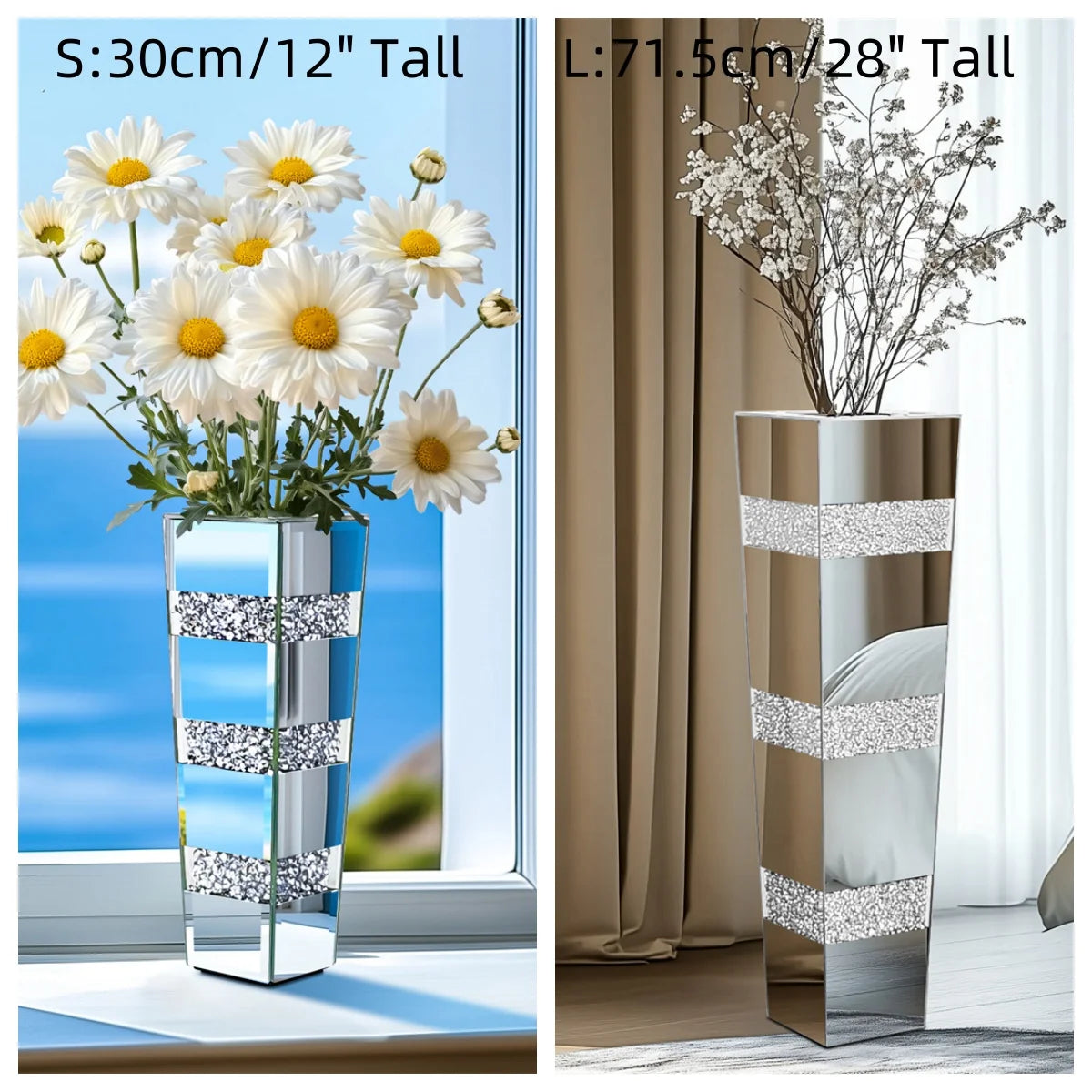 Vase sol en verre et cristal, finition miroir argentée - Nesty - Comparatif des tailles, modèle S 30cm avec marguerites blanches sur un rebord de fenêtre, modèle L 71,5cm avec fleurs séchées devant des rideaux beiges