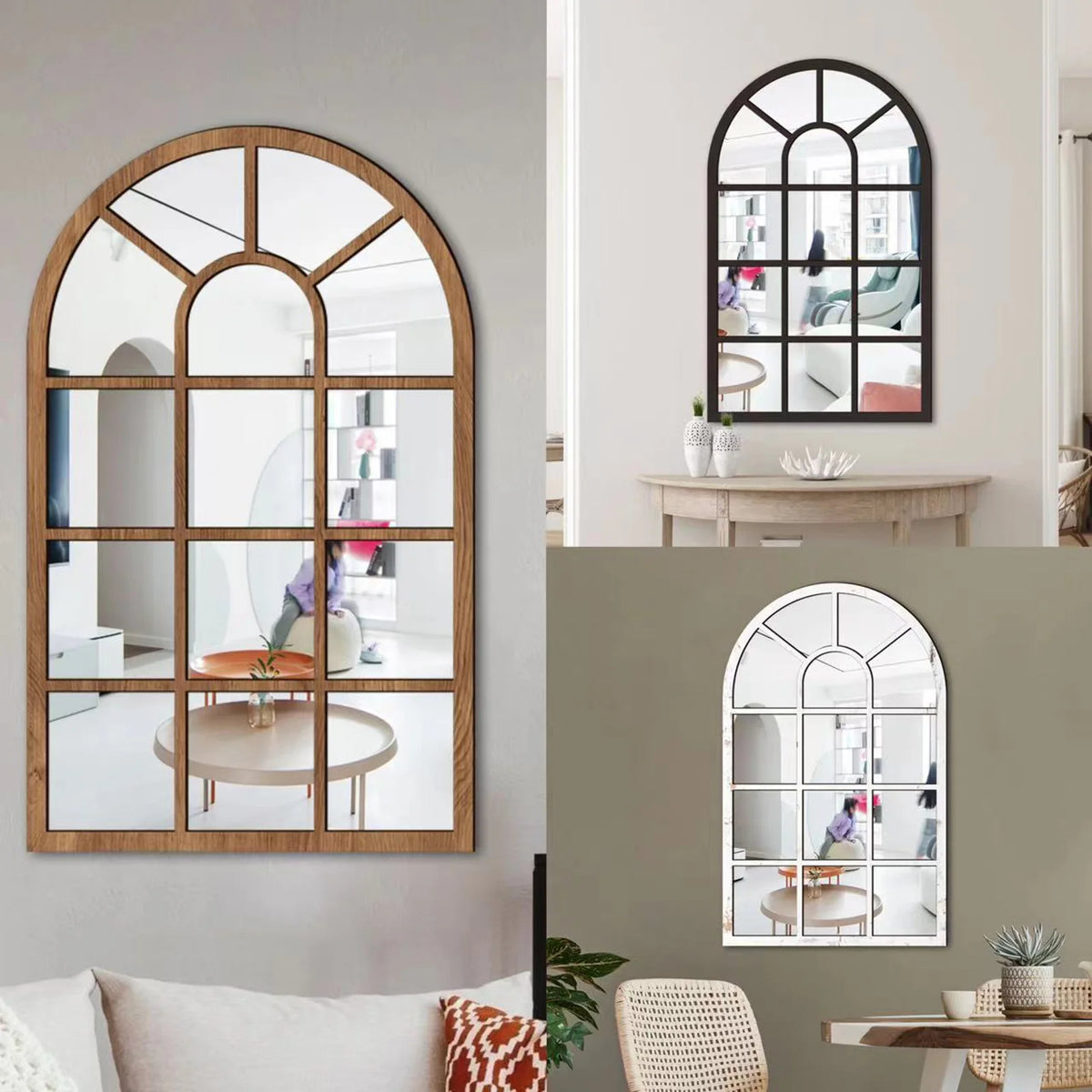 Miroir fenêtre en bois et acrylique Nesty - Trois coloris, collage : version bois accrochée dans un salon, version noire accrochée dans une entrée avec console et vases