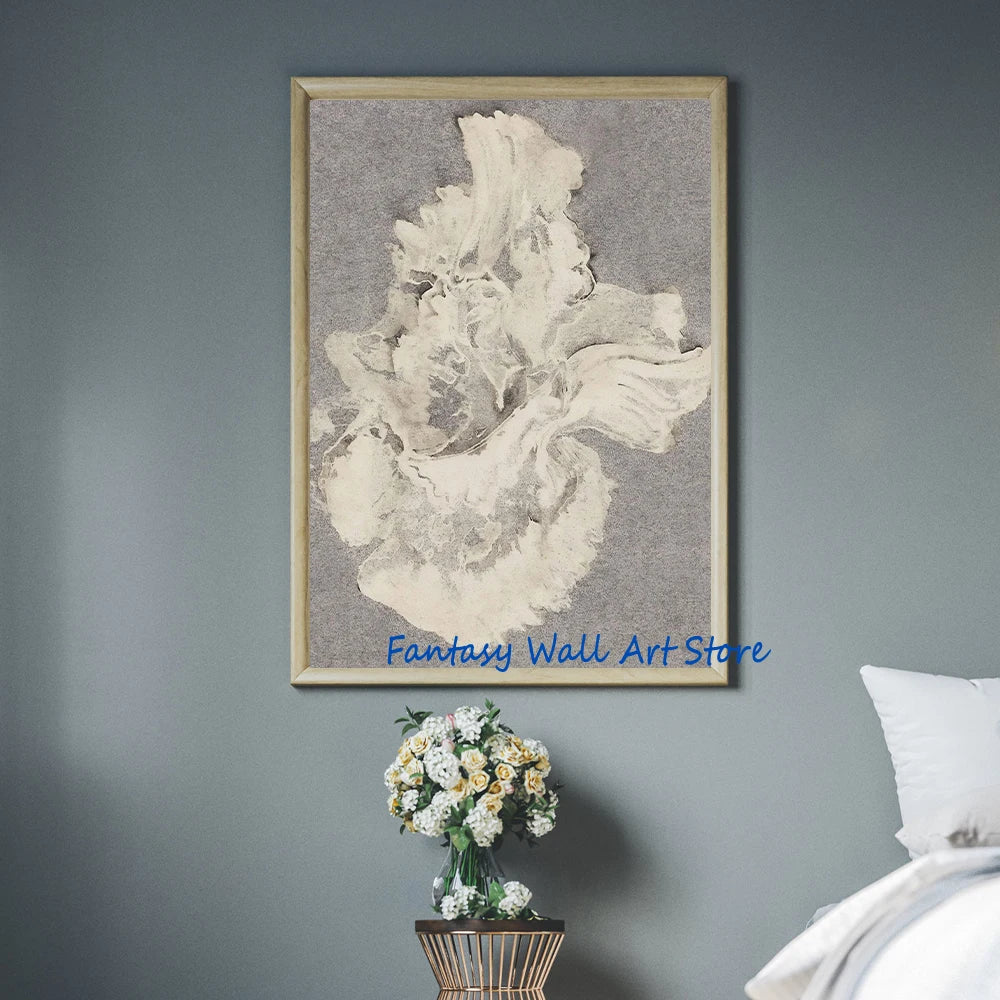 Toile imprimée abstraite terreuse Nesty - Affiche encadrée en bois clair, forme abstraite blanche sur fond gris texturé