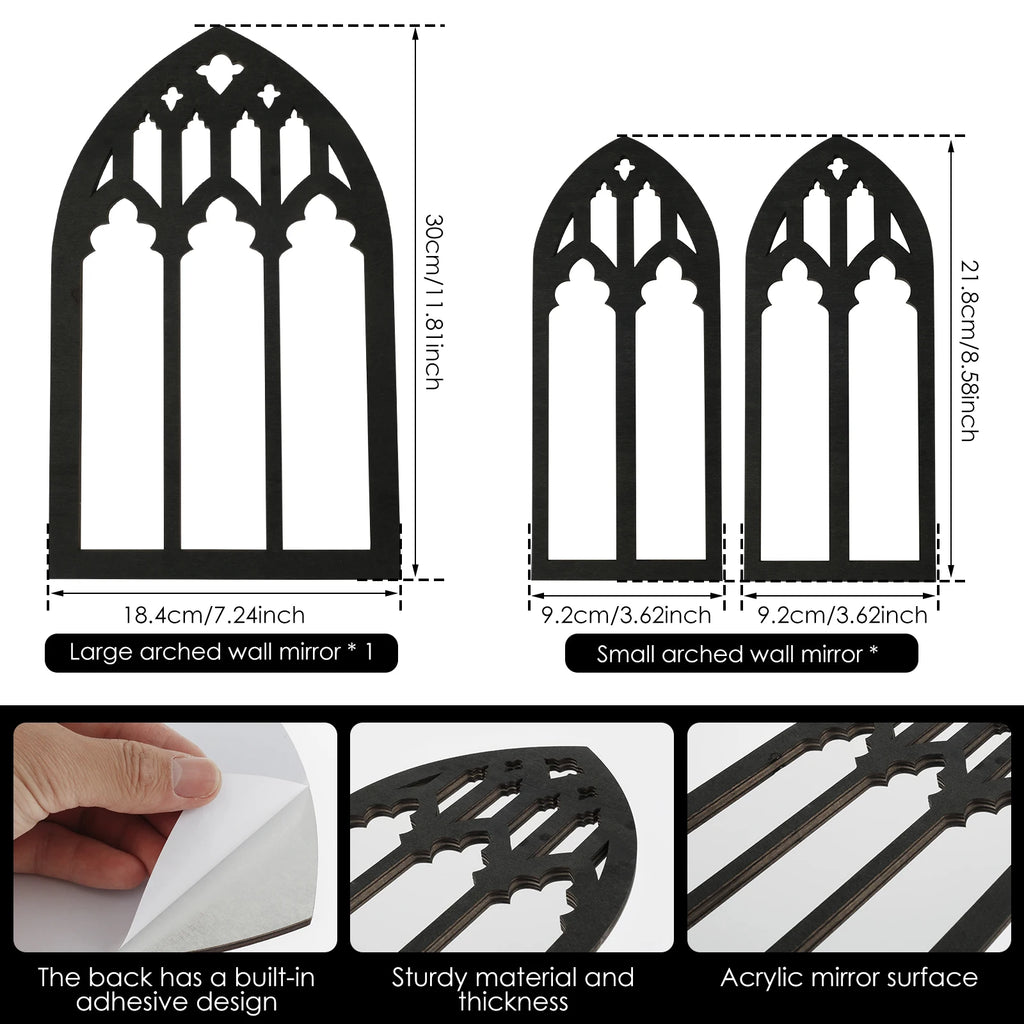 Set de miroirs muraux cintrés — vitraux décoratifs - Nesty, schéma des dimensions du grand miroir (30cm) et des deux petits miroirs (21,8cm)