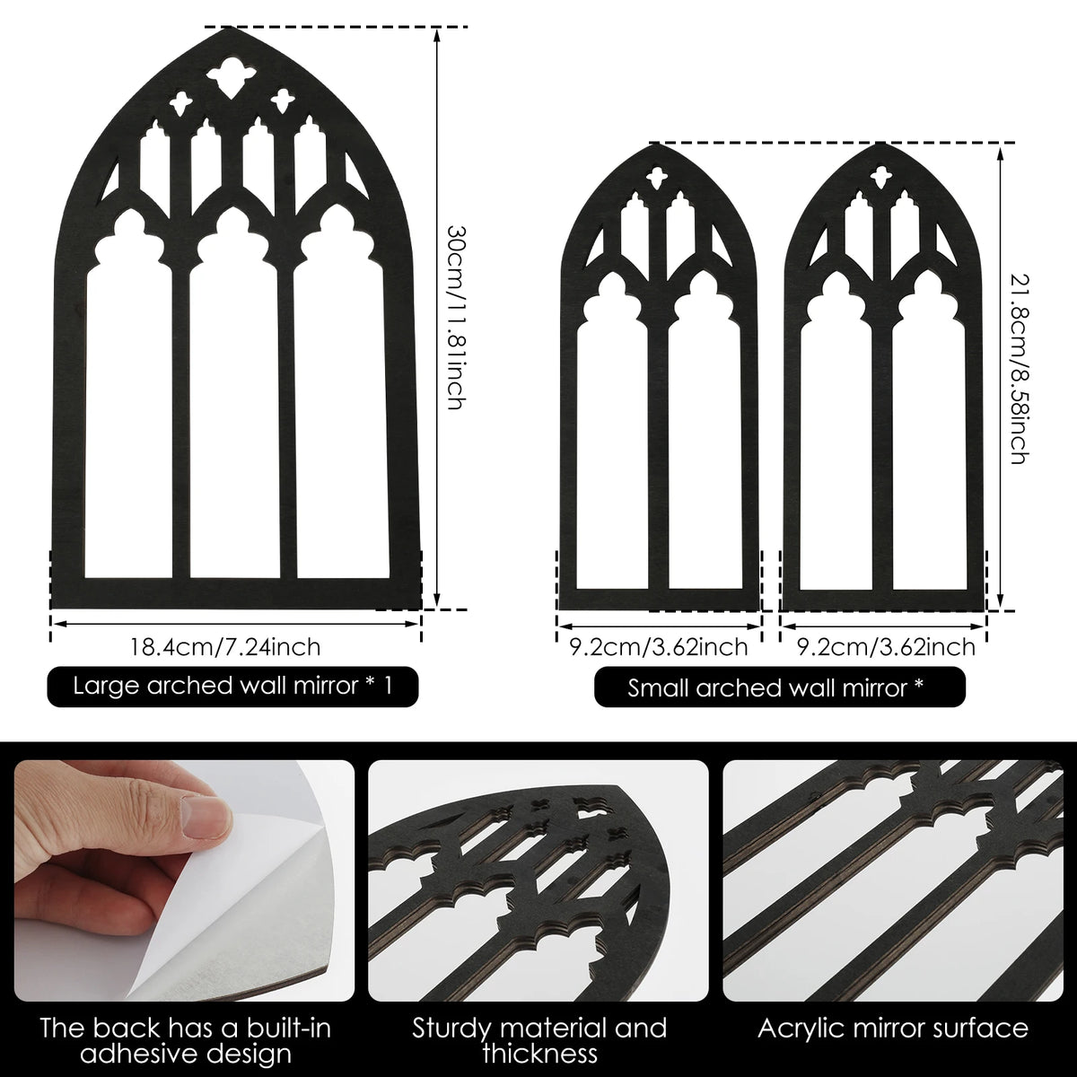 Set de miroirs muraux cintrés — vitraux décoratifs - Nesty, schéma des dimensions du grand miroir (30cm) et des deux petits miroirs (21,8cm)