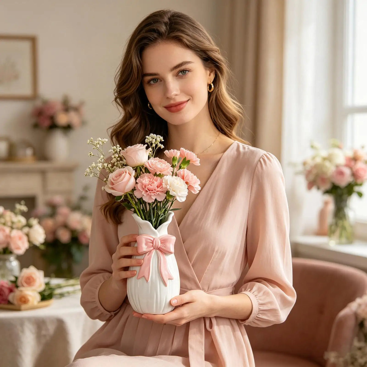 Vase en céramique avec détail nœud, décoration étagère Nesty, vase céramique blanc à col ondulé orné d'un nœud rose, garni de roses et fleurs de printemps, tenu par une femme en robe rose