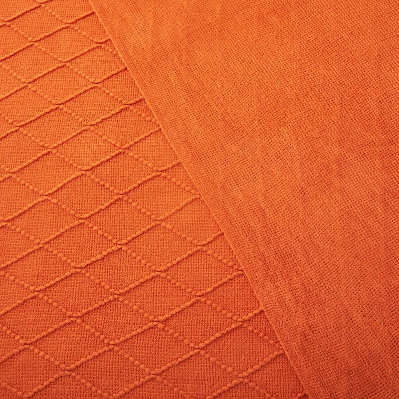 Plaid oversize tricoté moelleux Nesty - Coloris orange, gros plan sur l'envers uni et l'endroit à motif losanges